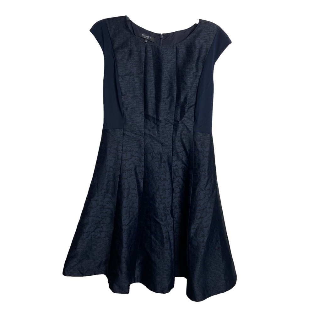Lafayette 148 Size 8 Blue & Black Jacquard Knee Length Dress Work Cocktail
